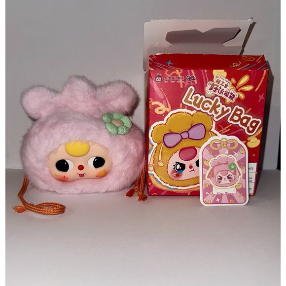 Baby Three Lucky Drawstring Bag Pink With Rolling Boba Eyes Green Flower - Picture 1 of 2